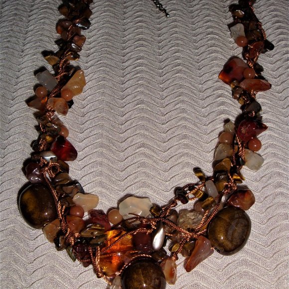 Tiger's Eye Stone Lava Rock Stone Pebble Glass Necklace - Picture 1 of 7